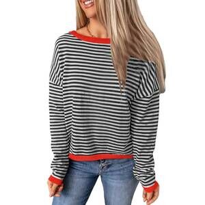 NEW LOVESOFT women's striped drop shoulder sweater in black red